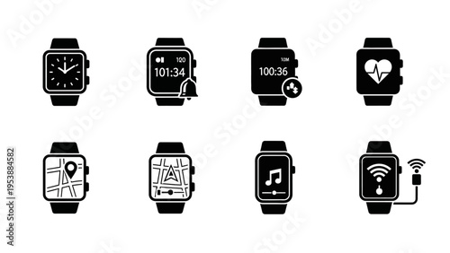 Smartwatch Icons: Time, Notifications, GPS, Music, Health, WiFi
