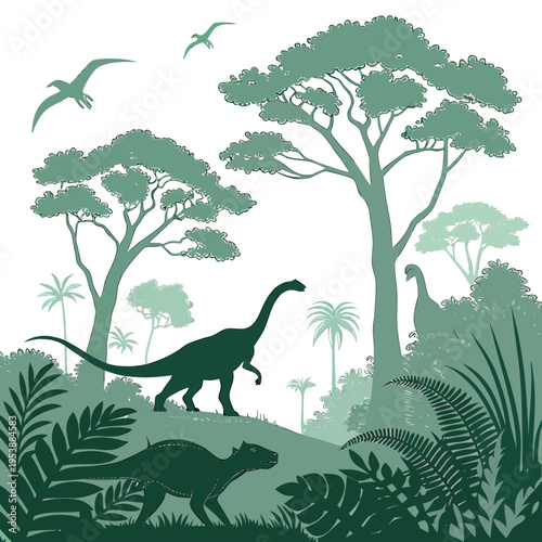 A green illustration of dinosaurs and trees in a prehistoric landscape