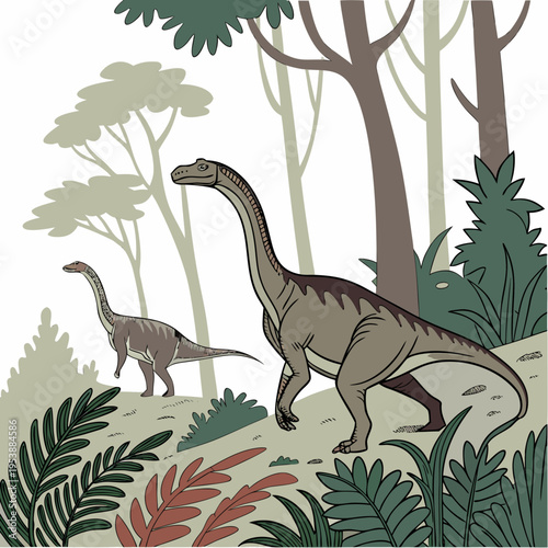 Two brown dinosaurs standing in a forest surrounded by trees and plants on a sandy hill