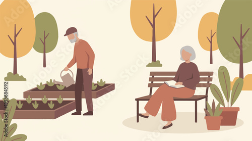 Senior couple enjoying leisure activities in a park, gardening and reading