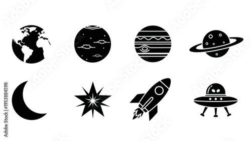Space Icons: Planets, Rocket, UFO, Moon, Star, Earth