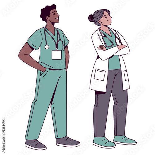 Two medical professionals standing confidently in scrubs and lab coat on looking up