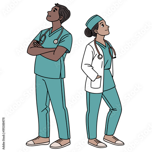 Two medical professionals standing side by side in teal scrubs and looking up with confidence and authority in a clinical setting