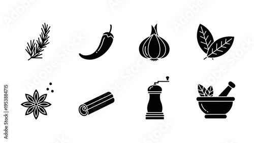 Spices and Herbs Icons: Rosemary, Chili, Garlic, Bay Leaves, Star Anise, Cinnamon, Grinder, Mortar