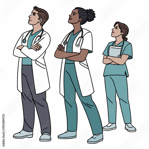 Three diverse medical professionals standing with arms crossed in scrubs and lab coats