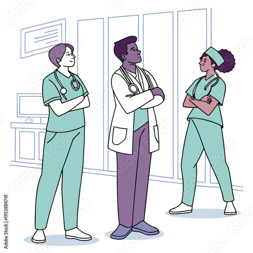 Diverse medical professionals in scrubs and lab coat standing in a hospital setting with arms crossed