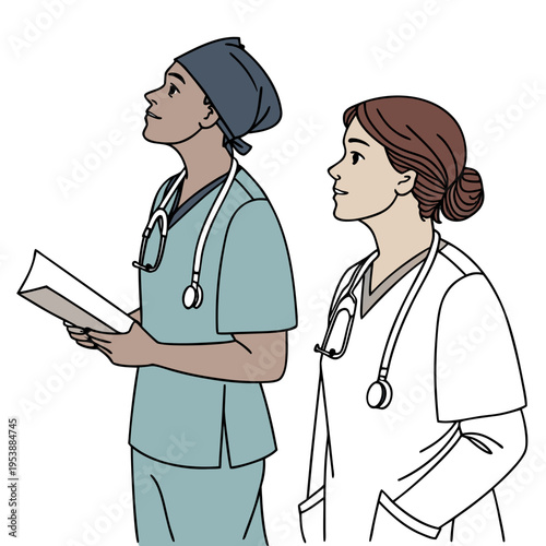 Two medical professionals standing side by side in scrubs and stethoscopes on looking ahead