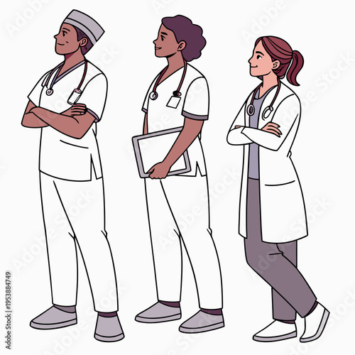 Three confident medical professionals standing together in white scrubs and lab coats with stethoscopes
