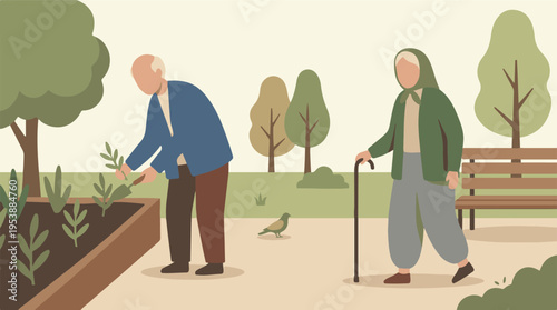 Senior couple in park: man gardening, woman walking with cane.