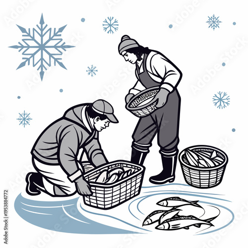 Two people collecting fish in baskets on a winter day with snowflakes