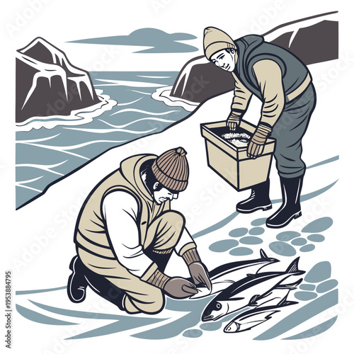 Two men fishing on a snowy shoreline with fish and a box in a scenic winter landscape setting with mountains