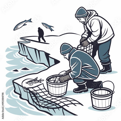 Two men ice fishing on frozen lake with nets and buckets