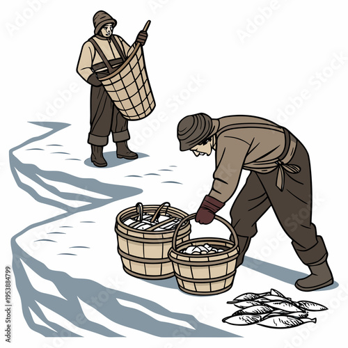 Two men ice fishing on frozen lake with baskets and fish on a cold winter day