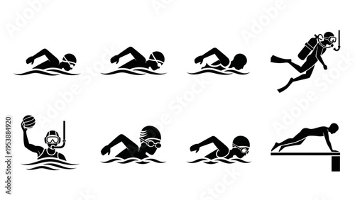 Swimming and Water Sports Icons: Diverse Aquatic Activities Collection