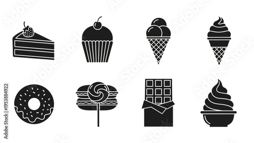 Sweet Treats Icons: Cake, Cupcake, Ice Cream, Donut, Macaron, Chocolate Bar
