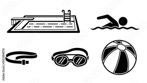 Swimming Pool Icons: Pool, Swimmer, Goggles, Belt, Beach Ball
