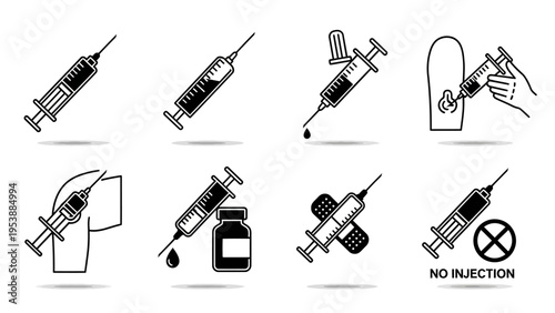 Syringe Icons: Injection, Vaccination, Medical Treatment, and No Injection Symbols