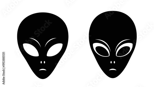 Two Black Alien Heads Silhouette, UFO, Extraterrestrial Icon
