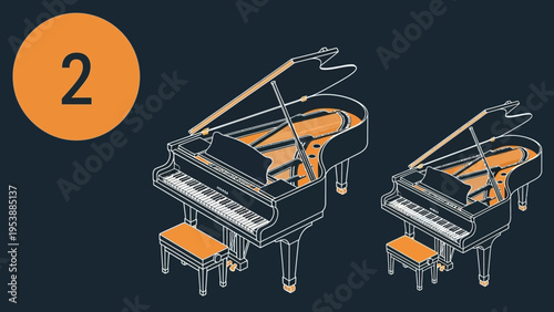 Two grand pianos, one larger than the other, on a dark background with a number 2.