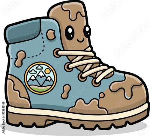Cute Cartoon Muddy Hiking Boot with Mountain Emblem and Smiling Face