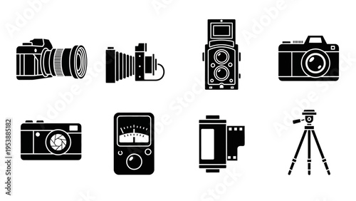 Vintage and Modern Camera Collection Icons: Photography Equipment Set
