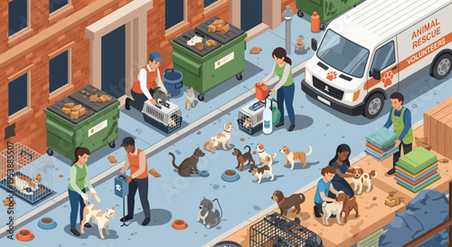 Animal rescue volunteers caring for stray dogs and cats.