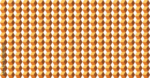 A repeating seamless pattern of golden three dimensional cubes on a white background