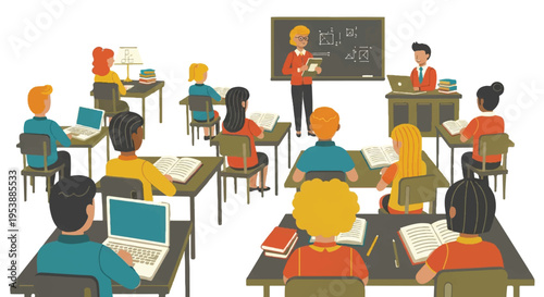 Classroom scene illustrating education and learning with students and teacher