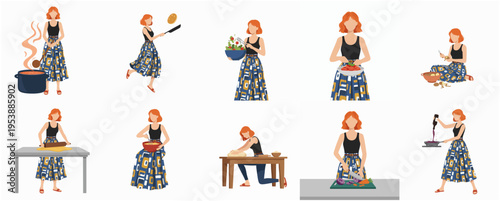 Diverse Flat Illustration of Woman Cooking Different Meal Preparation Processes