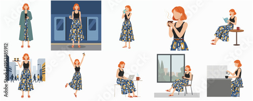 Flat Style Detailed Red Hair Woman Daily Activity Lifestyle Illustration