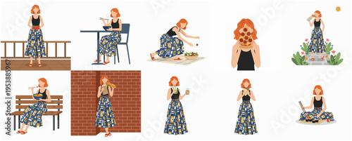 Diverse Poses of Stylish Woman in Various Outdoor Settings Illustration