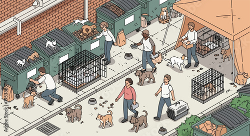 Animal rescue volunteers caring for stray dogs in urban alley.