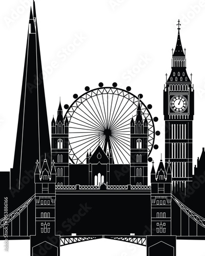 Black and white London city skyline silhouette illustration featuring iconic landmarks including The Shard, Tower Bridge, London Eye, and Big Ben clock tower.