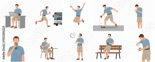 Minimalist Flat Man in Various Activities Holding a Coffee Cup Illustration