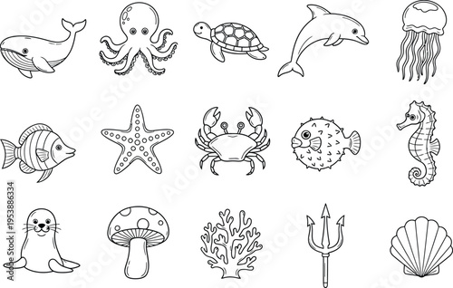 A collection of 15 black and white sea creature illustrations