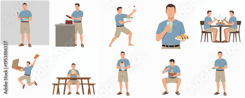 Simple Flat Man Eating Variety of Food in Daily Activity Illustration Set