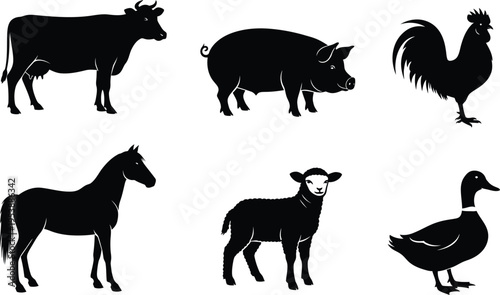 Black silhouettes of farm animals on white background