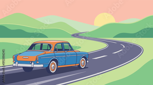 Classic car driving on winding road through green hills at sunset