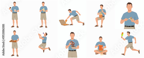 Flat Style Collection of Young Man Enjoying and Eating Various Foods
