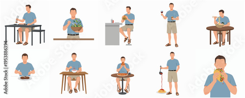Flat Design Man Enjoying Various Meal Occasions and Restaurant Activities Illustration