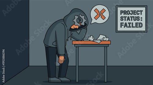 Developer facing project failure and burnout with broken gear in head