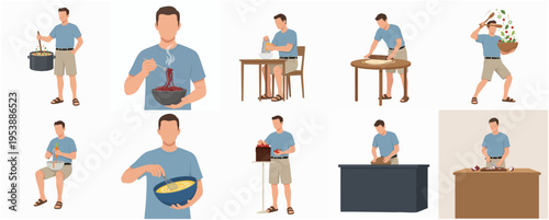 Flat Style Man Cooking Different Meal Preparation Step by Step Illustration