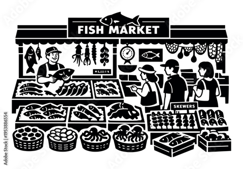 Vendor presenting fresh fish to customers at a bustling seafood market stall. Black and white illustration depicting commerce and food
