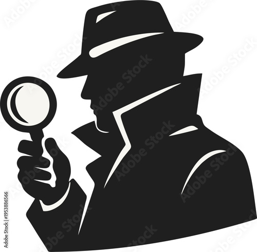 Detective Silhouette with Magnifying Glass – Private Investigator Search Icon, Black and White Vector Illustration