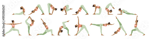 Set of african american woman doing yoga asana poses. Vector illustration