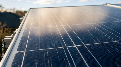 Close-up of dusty solar panels on a residential rooftop, reflecting bright sunlight 