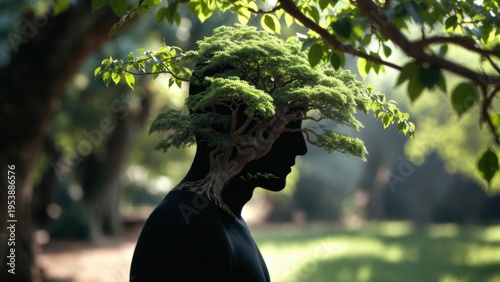 Side profile silhouette with tree integrated as hair in park