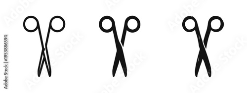 Scissors Icon Set with Outline, Solid, and Hand-Drawn Styles. Cutting Tool and Stationery Symbols.