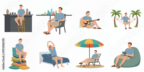 Flat Illustration Set of Man Relaxing in Different Indoor and Outdoor Activities
