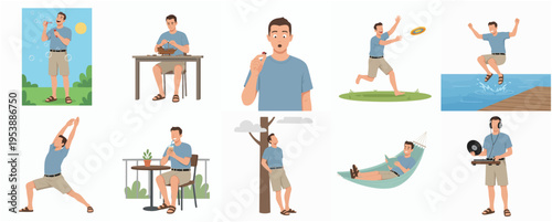 Casual Man Daily Activities and Various Poses in Flat Design Style Illustration